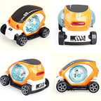 Kid-friendly red rotating stunt car toy on a wooden floor, ready for interactive fun.