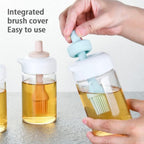 Product dimensions of the glass oil dispenser with brush shown on a white background.
