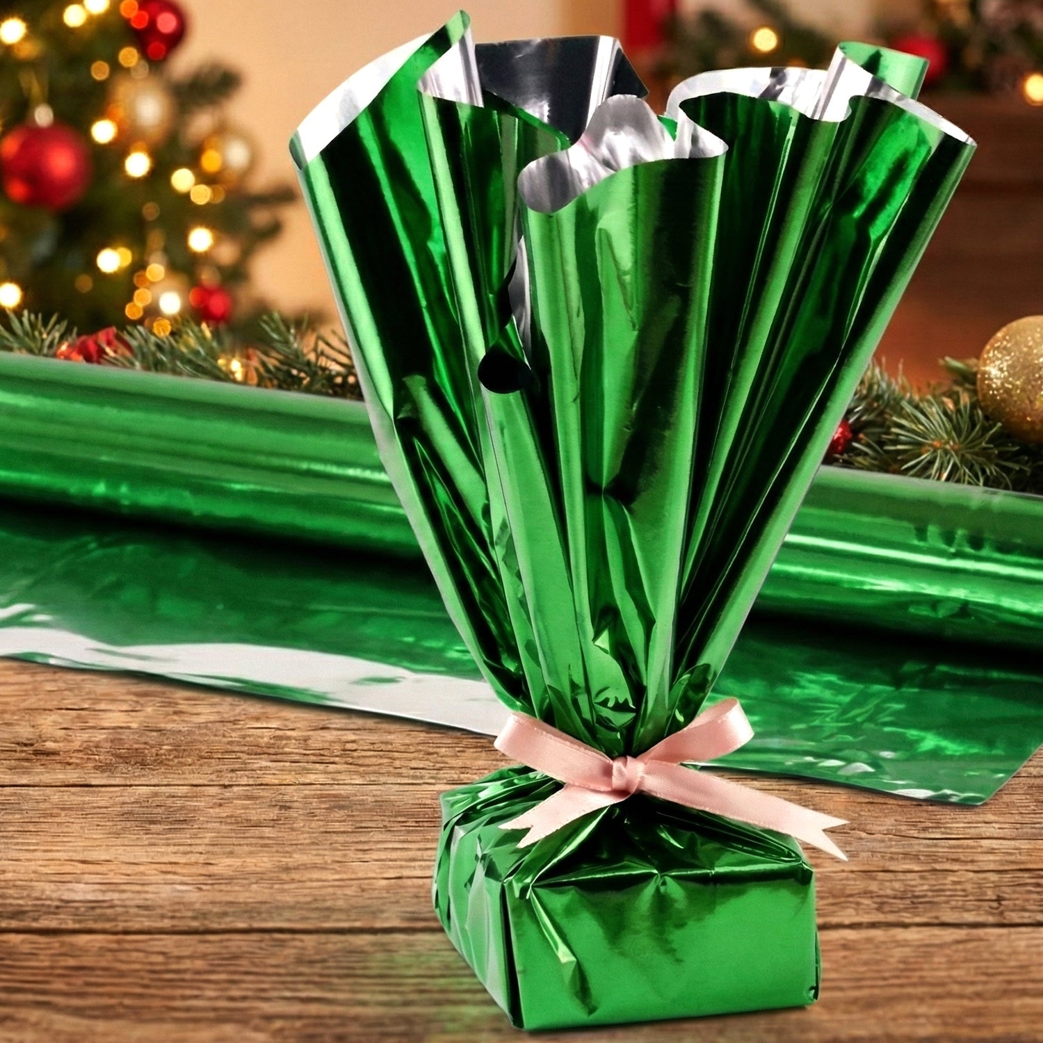 Stack of folded metallic gift wrapping paper sheets in copper gold