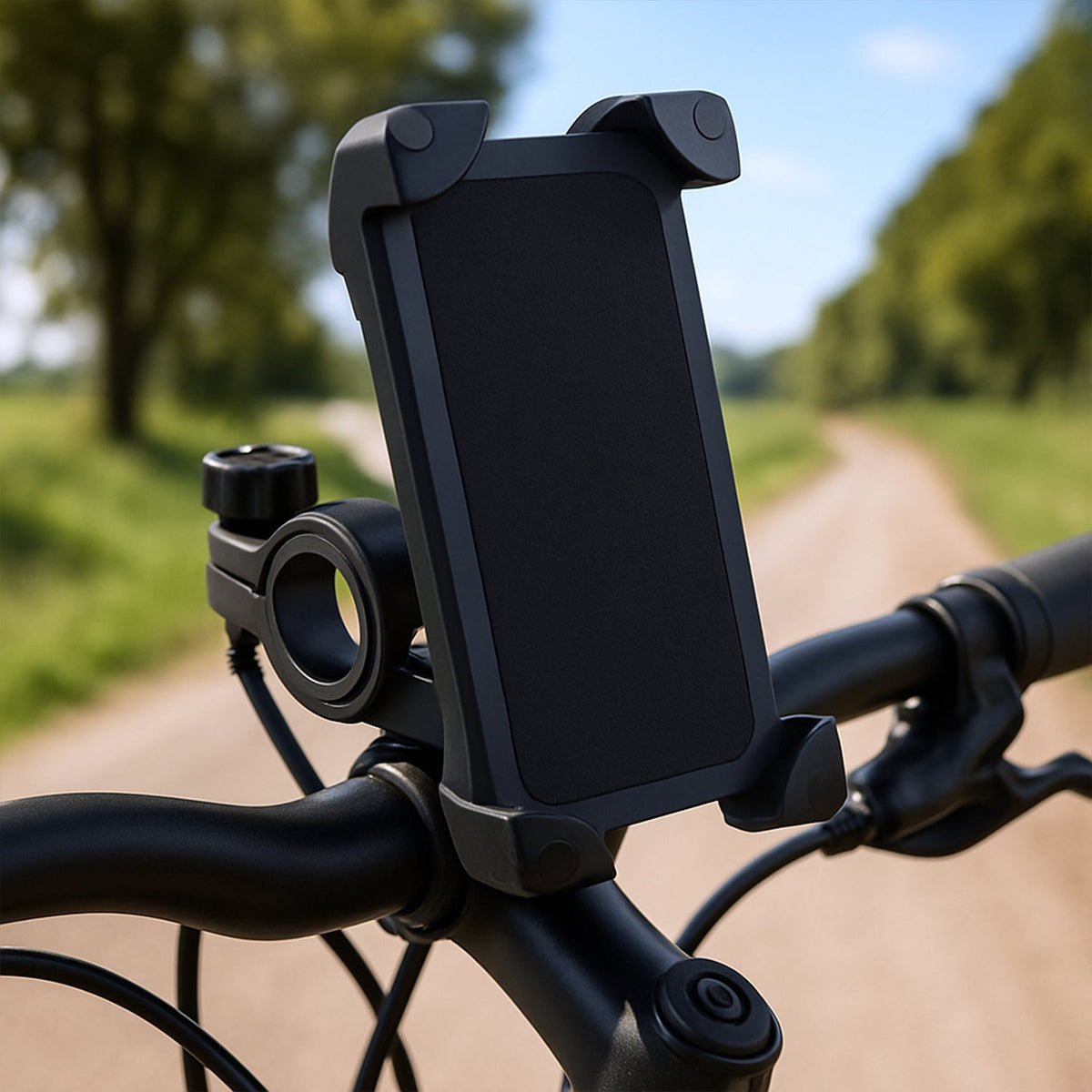 Secure bike phone holder mounted on handlebars, ready for a ride.