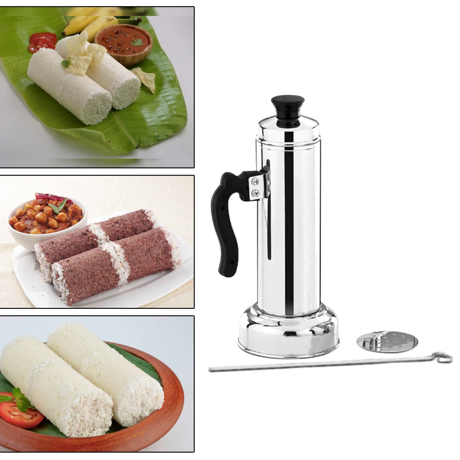 Stainless steel Puttu Maker set with steamer plate and a shiny silver lid.