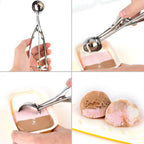 Close-up of the trigger release on the stainless steel ice cream scoop.