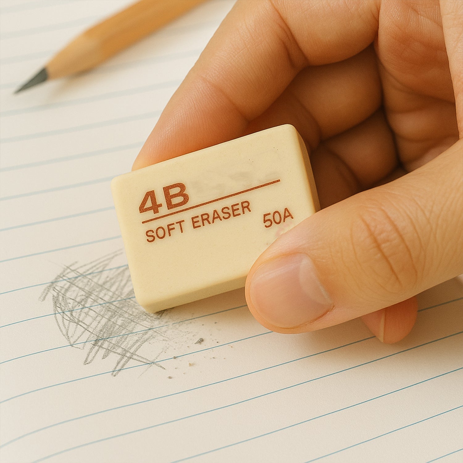 Close-up of the 4B Soft Eraser cleanly removing pencil marks from paper.