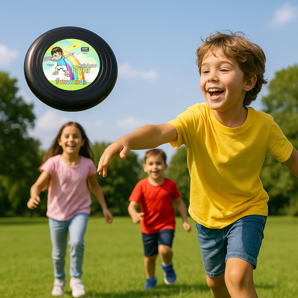 Kids enjoying catch game with small outdoor flying disc frisbee