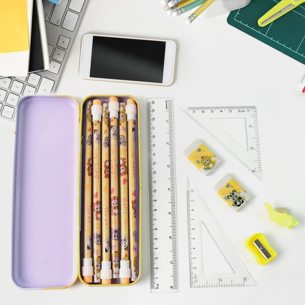 Closeup of geometry toolbox contents with pencils and ruler