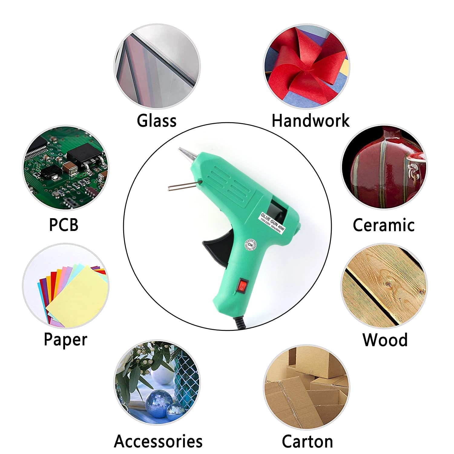 Indo Glow 40W Hot Melt Glue Gun on a table with various crafting accessories.