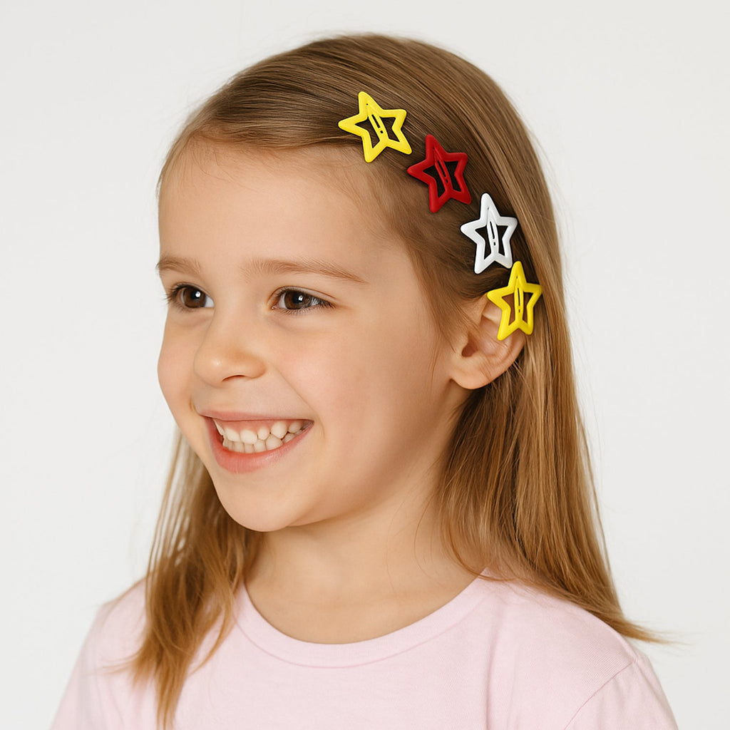 Hair styled with a colorful metal star hair clip in use
