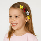 Hair styled with a colorful metal star hair clip in use