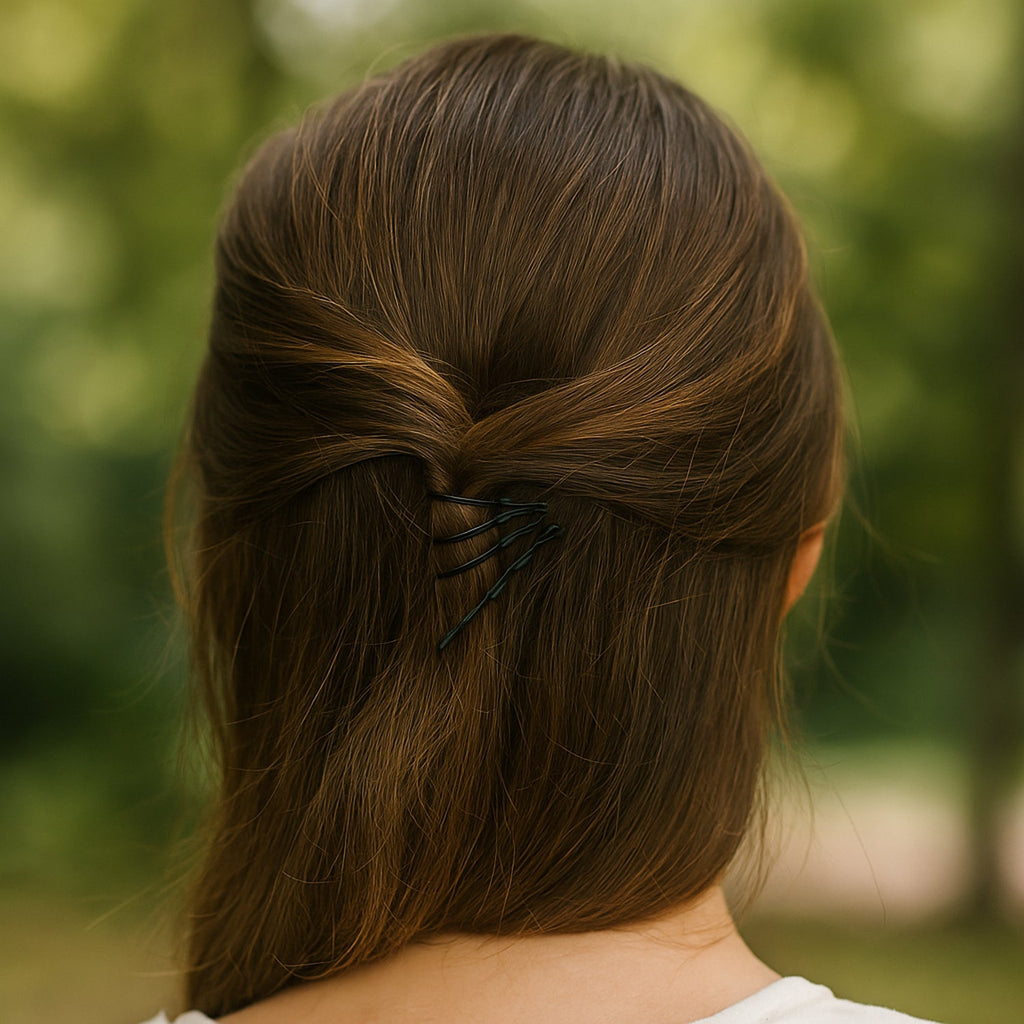 Black bobby pins arranged to demonstrate secure hold