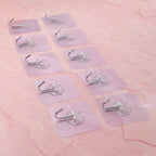 Close-up image highlighting adhesive wall hooks with transparent design