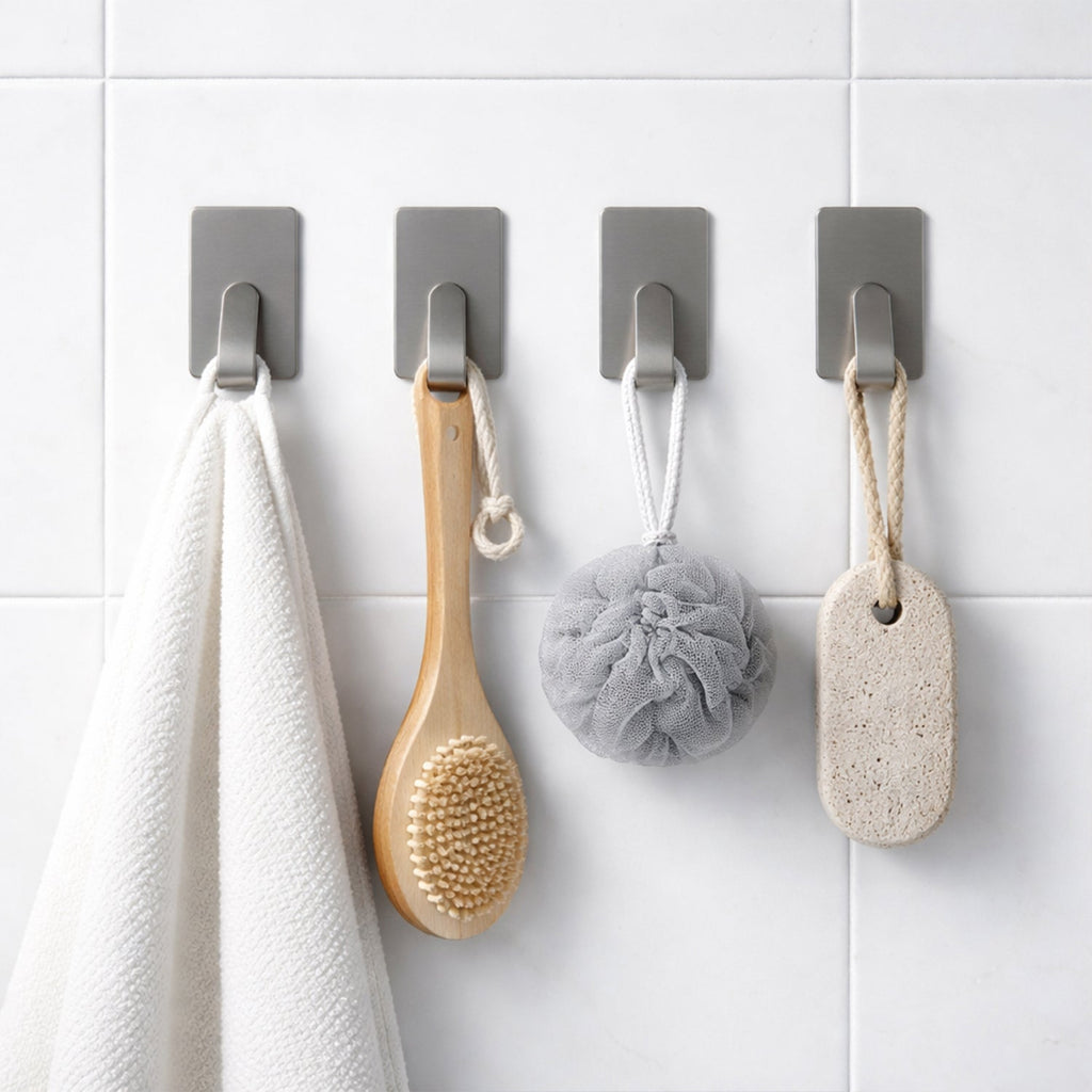 Close-up showing adhesive backing of wall hooks