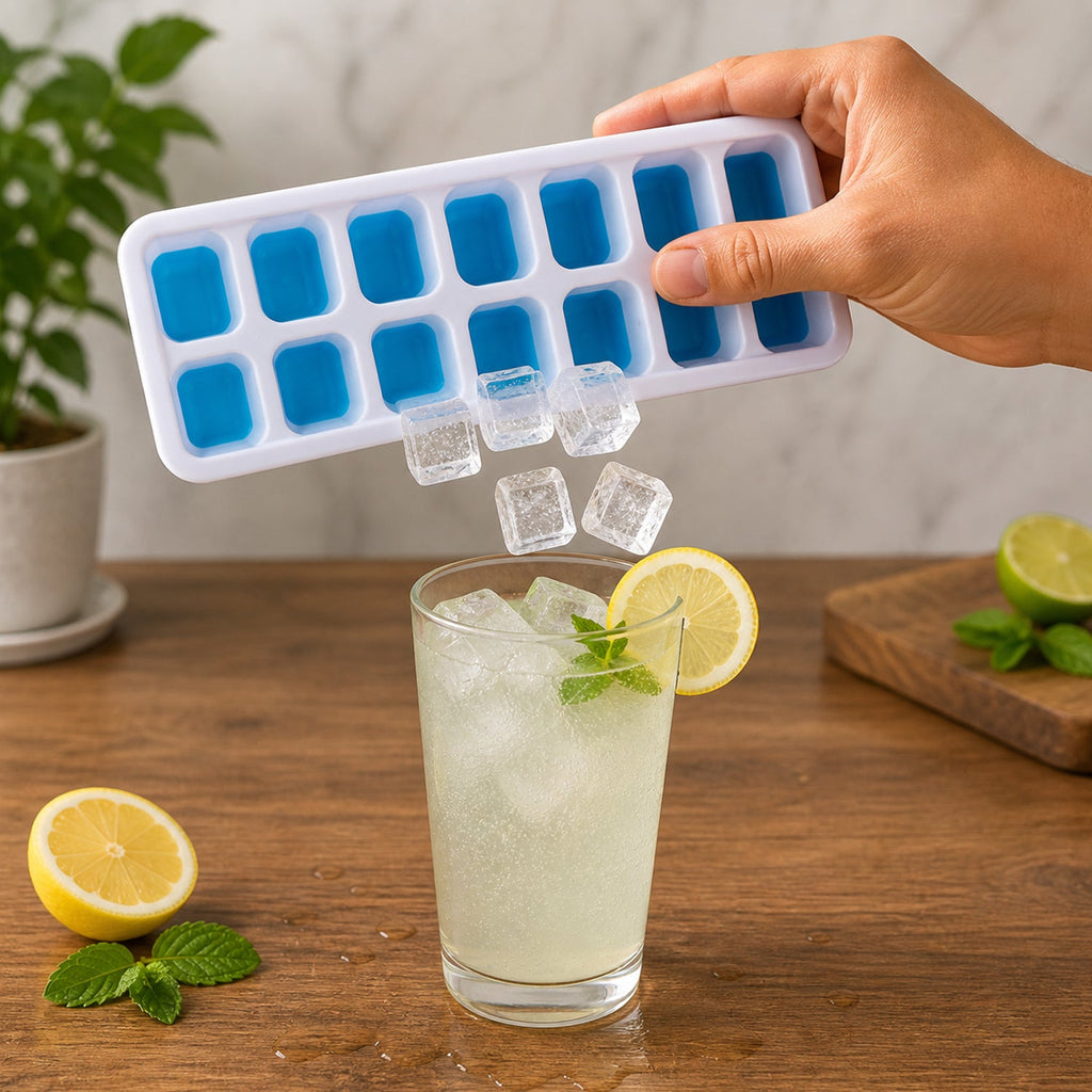 Side view of plastic ice cube tray on kitchen counter