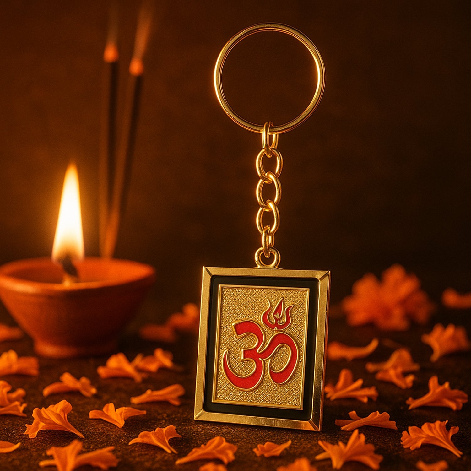 Detailed golden finish on Om Trishul metal keychain accessory