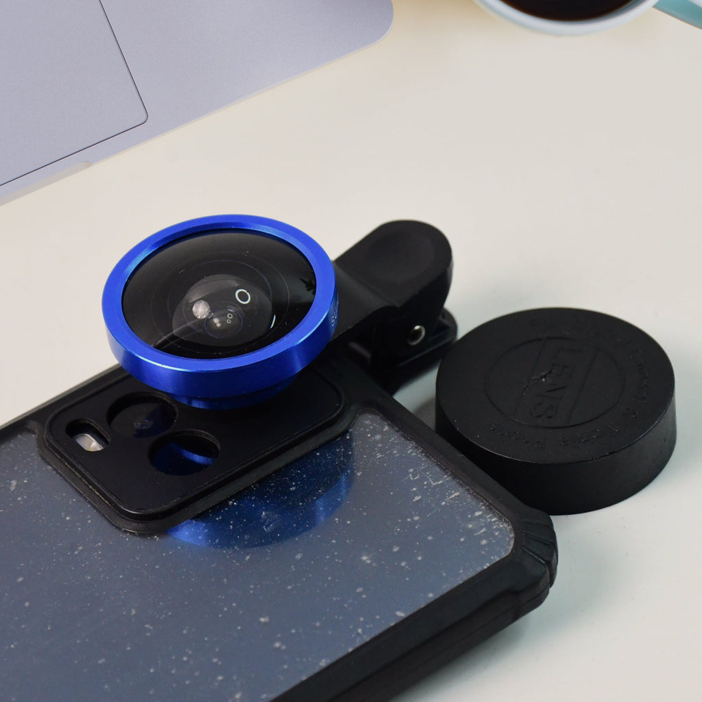 Universal smartphone selfie camera clip lens in metallic blue finish