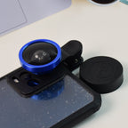 Universal smartphone selfie camera clip lens in metallic blue finish