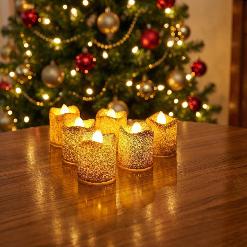 Decorative flameless LED tealight candles showcasing festive glitter glow