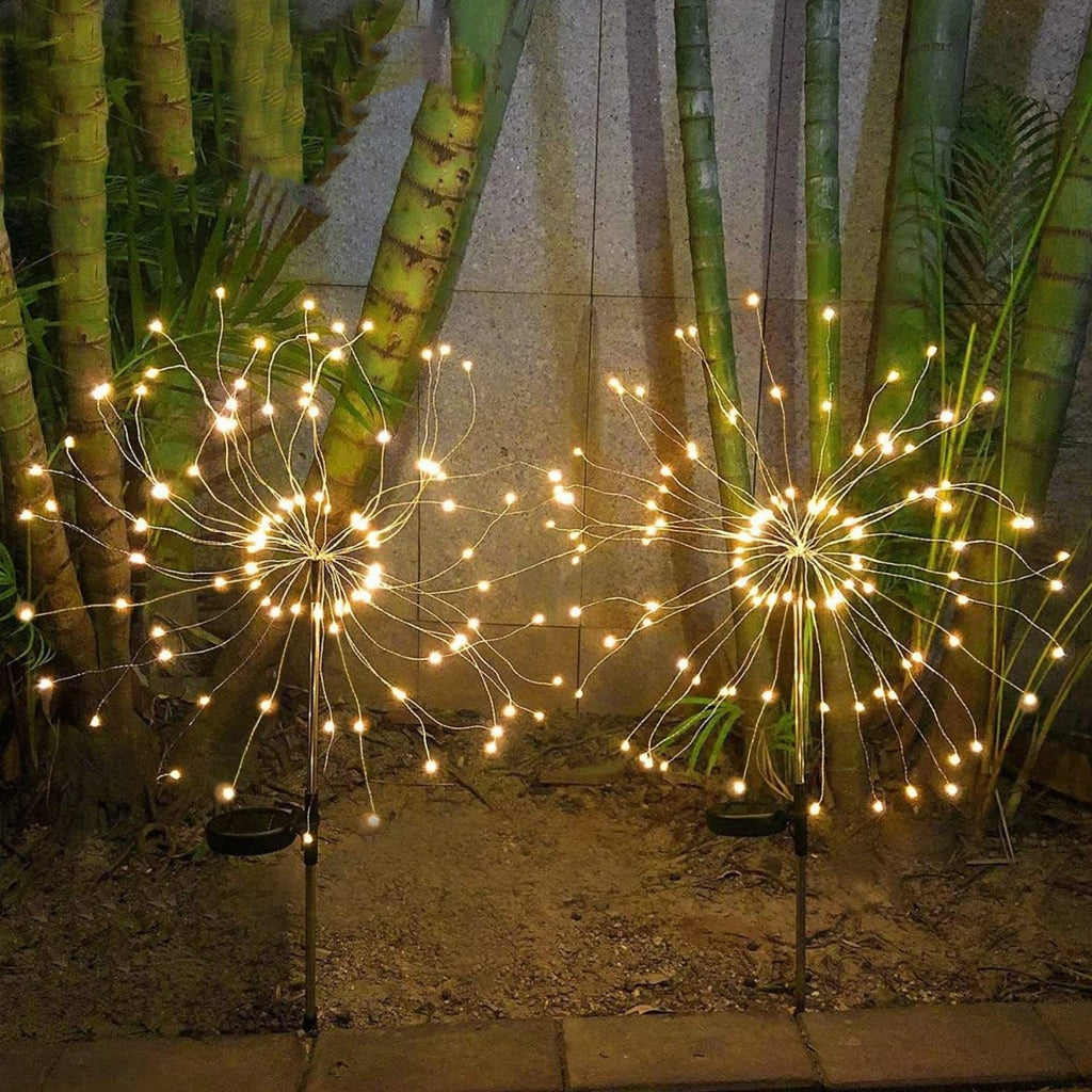 Two solar firework garden lights with wire-free solar powering