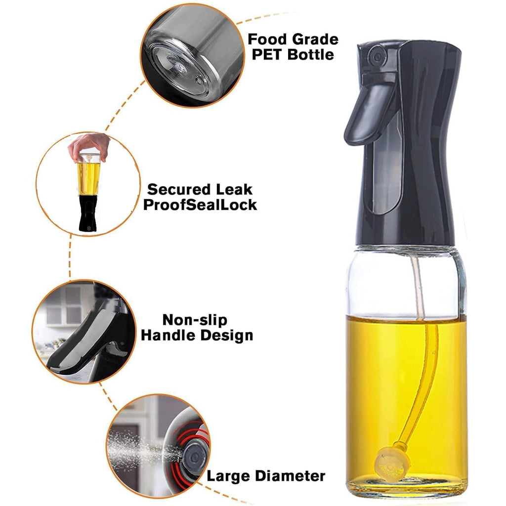 Oil spray bottle dispensing a consistent fine mist for even coating.