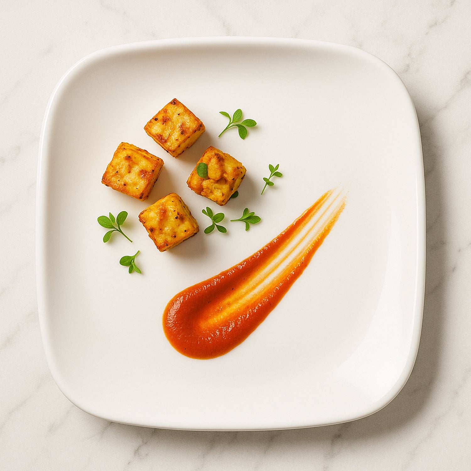 Close-up of 20 cm white square durable plastic plate for snacks