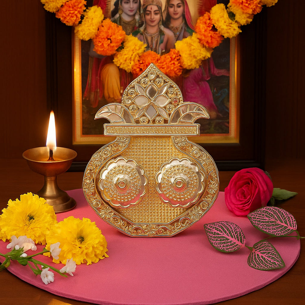 Close-up of the decorative Kalash design on the puja thali.