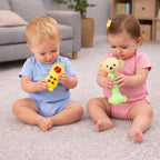 Assortment of colourful Aditi infant toys, including various shapes of rattles.