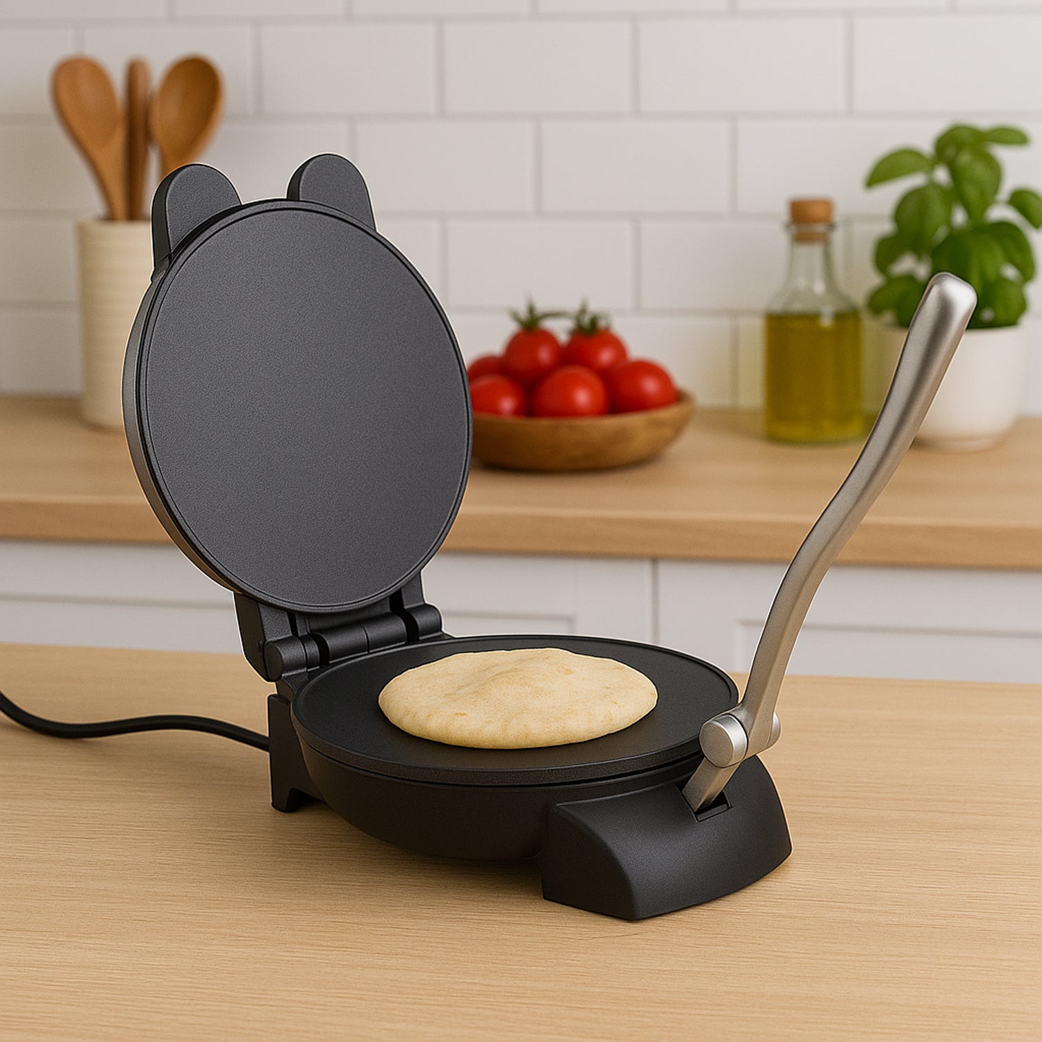 Roti and khakra maker kitchen appliance featuring ergonomic handle and adjustable temperature