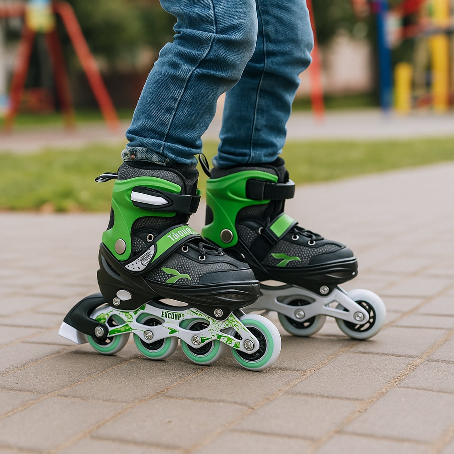 Action shot of adjustable inline skates showing stable outdoor skating
