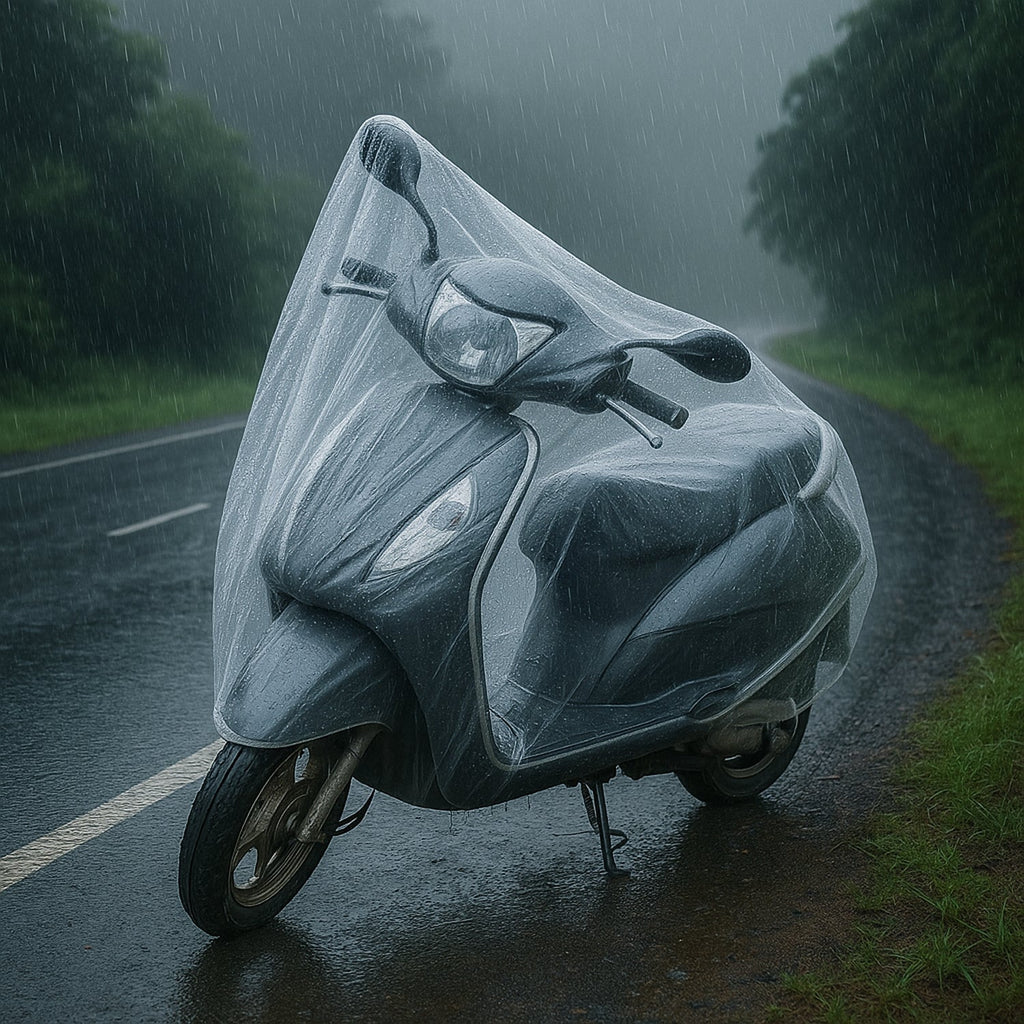 Scooter safely covered with clear plastic Activa cover