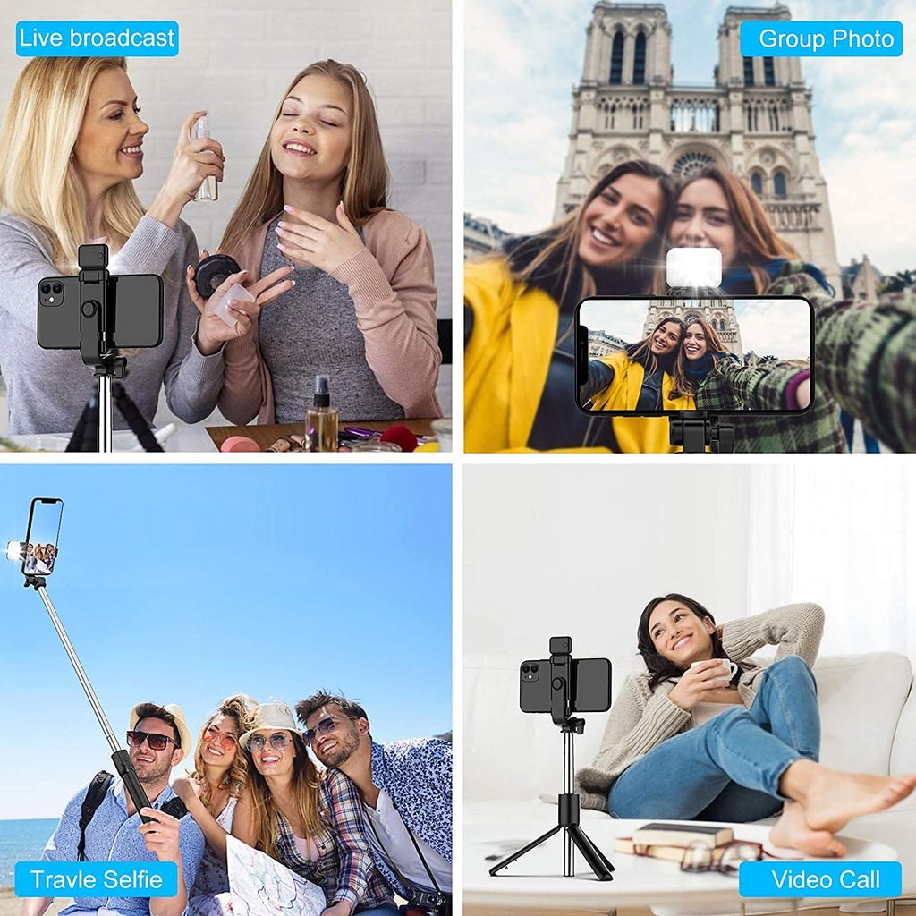 Tripod selfie stick placed on tabletop for stable mobile photography