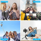 Tripod selfie stick placed on tabletop for stable mobile photography