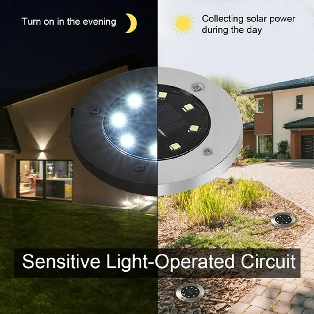 Bright solar LED garden light with stainless steel body glowing at night with sharp illumination