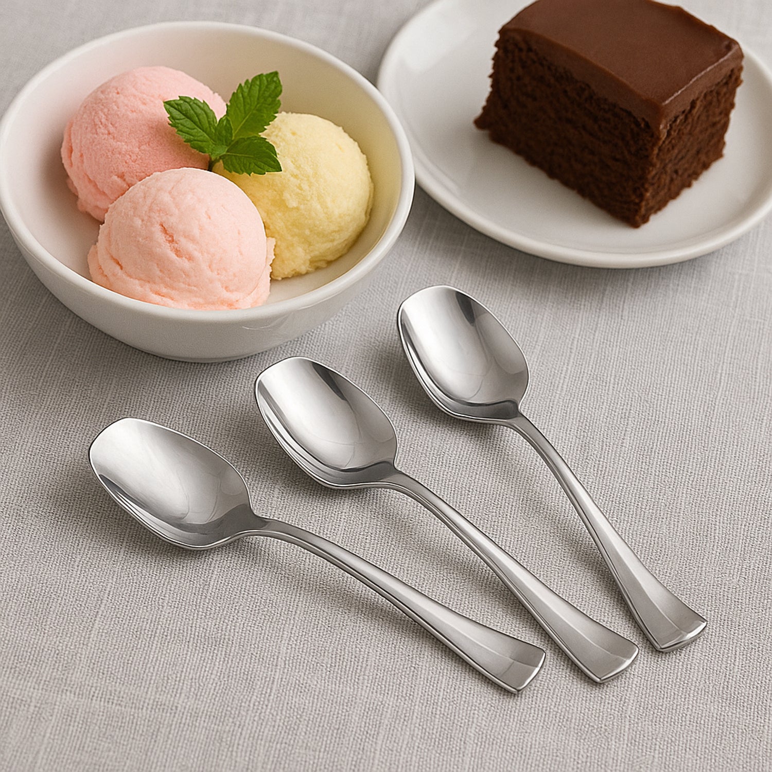 Close-up view of mirror-polished stainless steel ice-cream spoon bowl