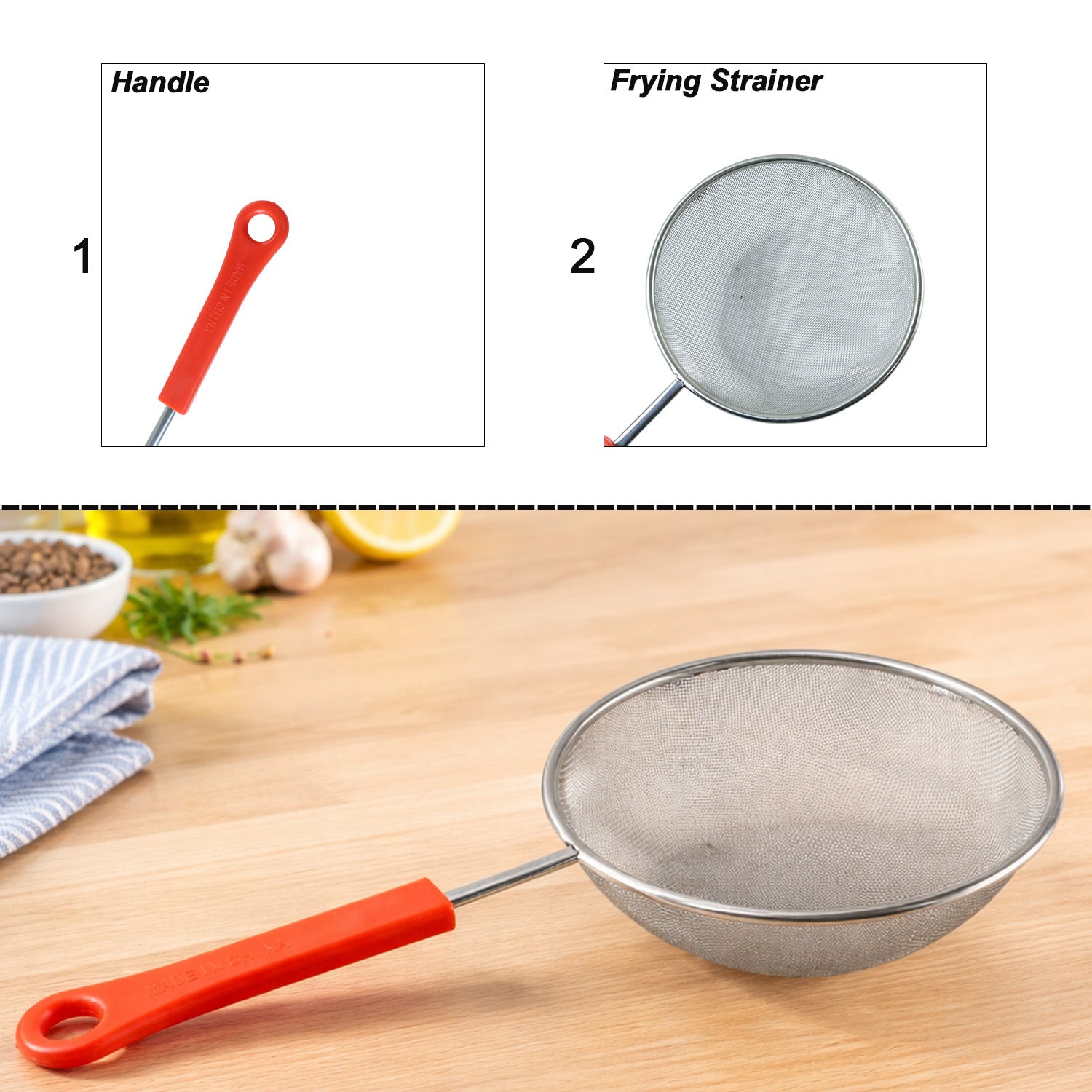 Kitchen strainer basket used to remove oil from fried snacks