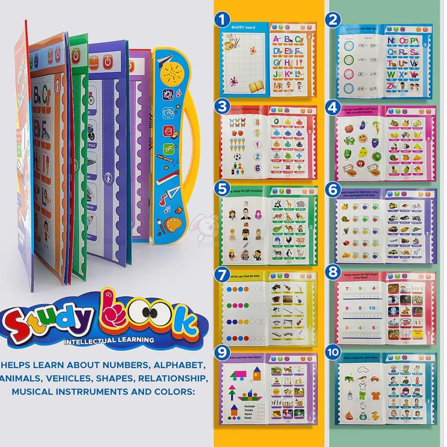 Bright, interactive buttons on the Kids Learning Book, designed for easy use by toddlers.