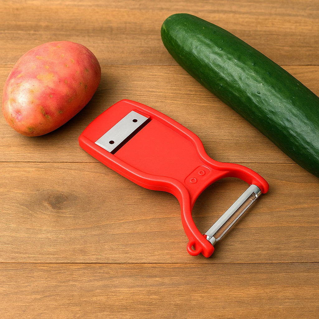 Kitchen tool featuring 2-in-1 slicer and peeler with stainless steel blades