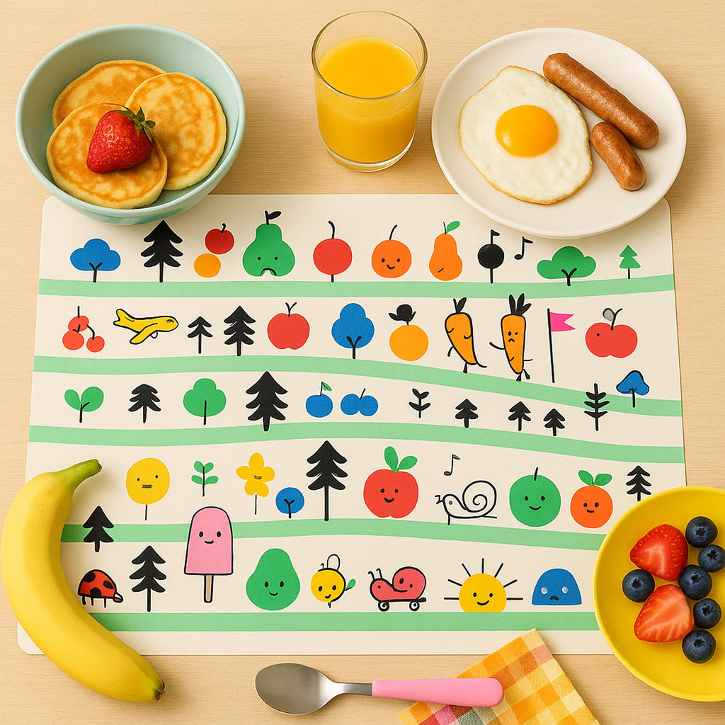 Kids placemat featuring bright cartoon design and fruits