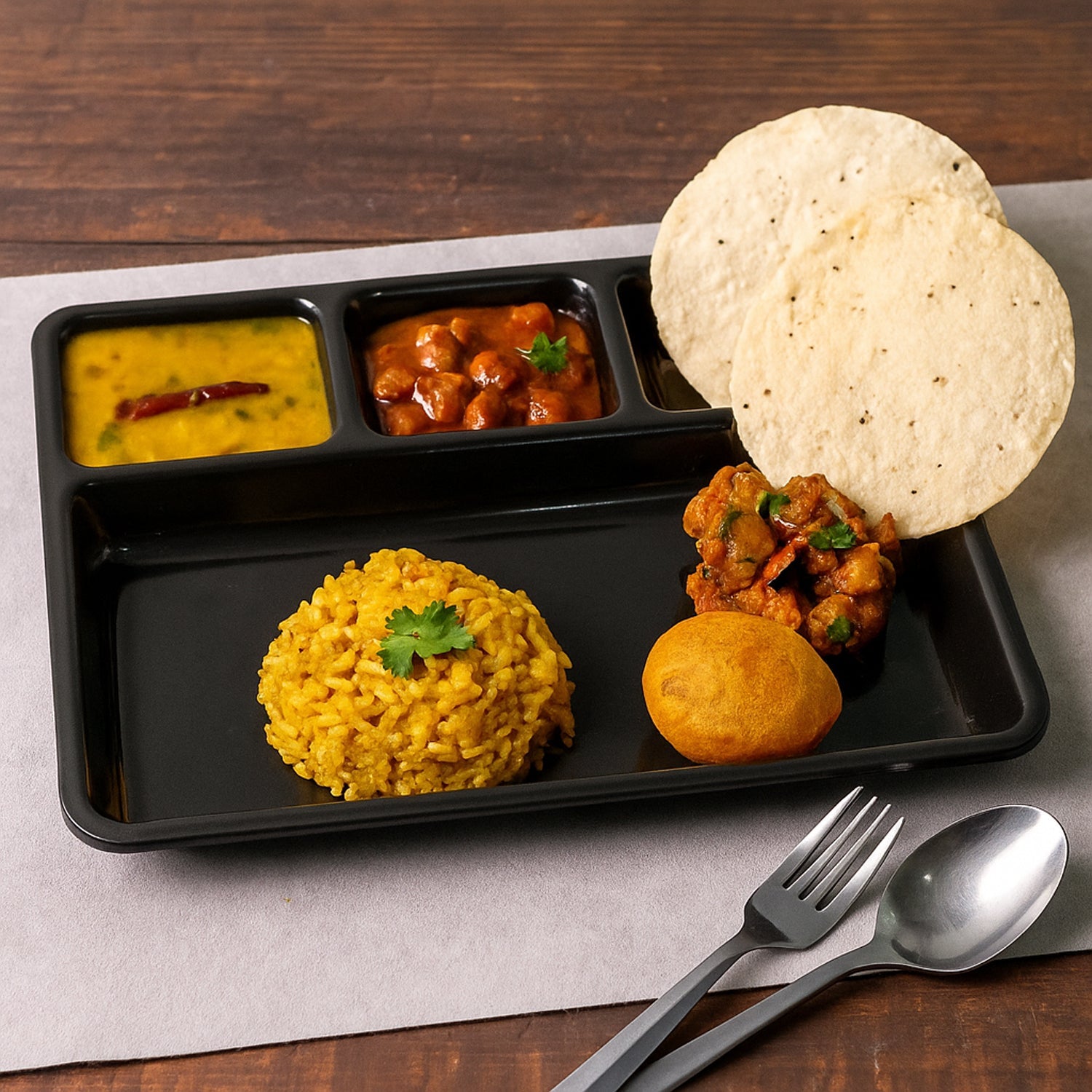 Raised rim on plastic 4-compartment meal tray ensures mess-free dining experience.