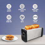 Detail of Orbit toaster's black end panels and sleek stainless steel design