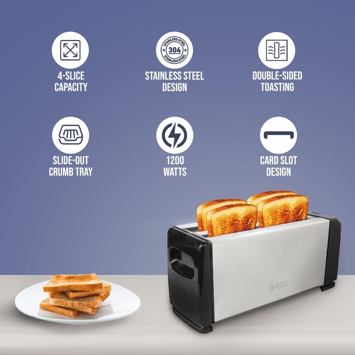 Detail of Orbit toaster's black end panels and sleek stainless steel design