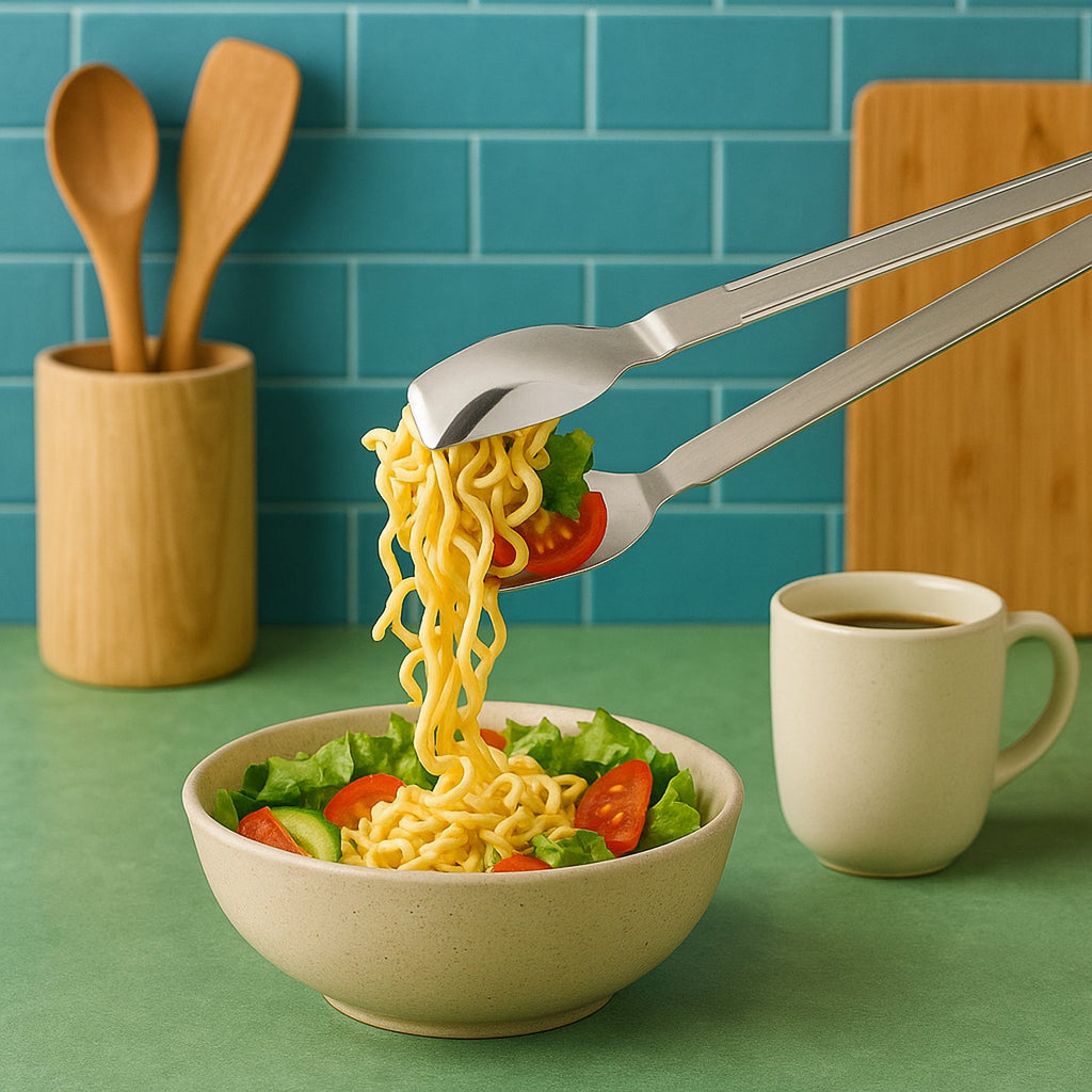 Elegant stainless steel multipurpose serving tong on kitchen counter