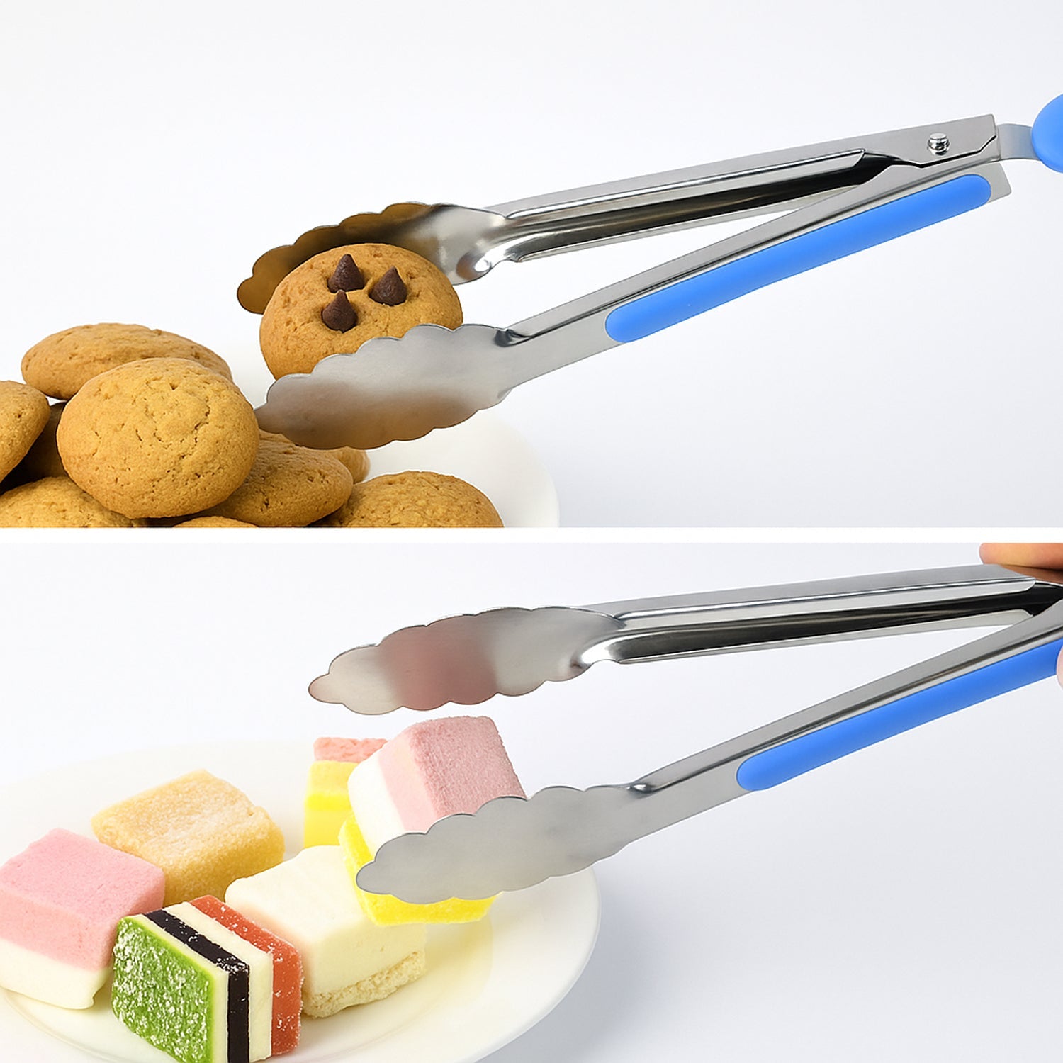 Chef serving tong with scalloped edges and locking mechanism