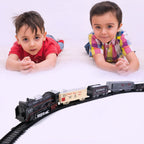Toy train running smoothly on assembled plastic track