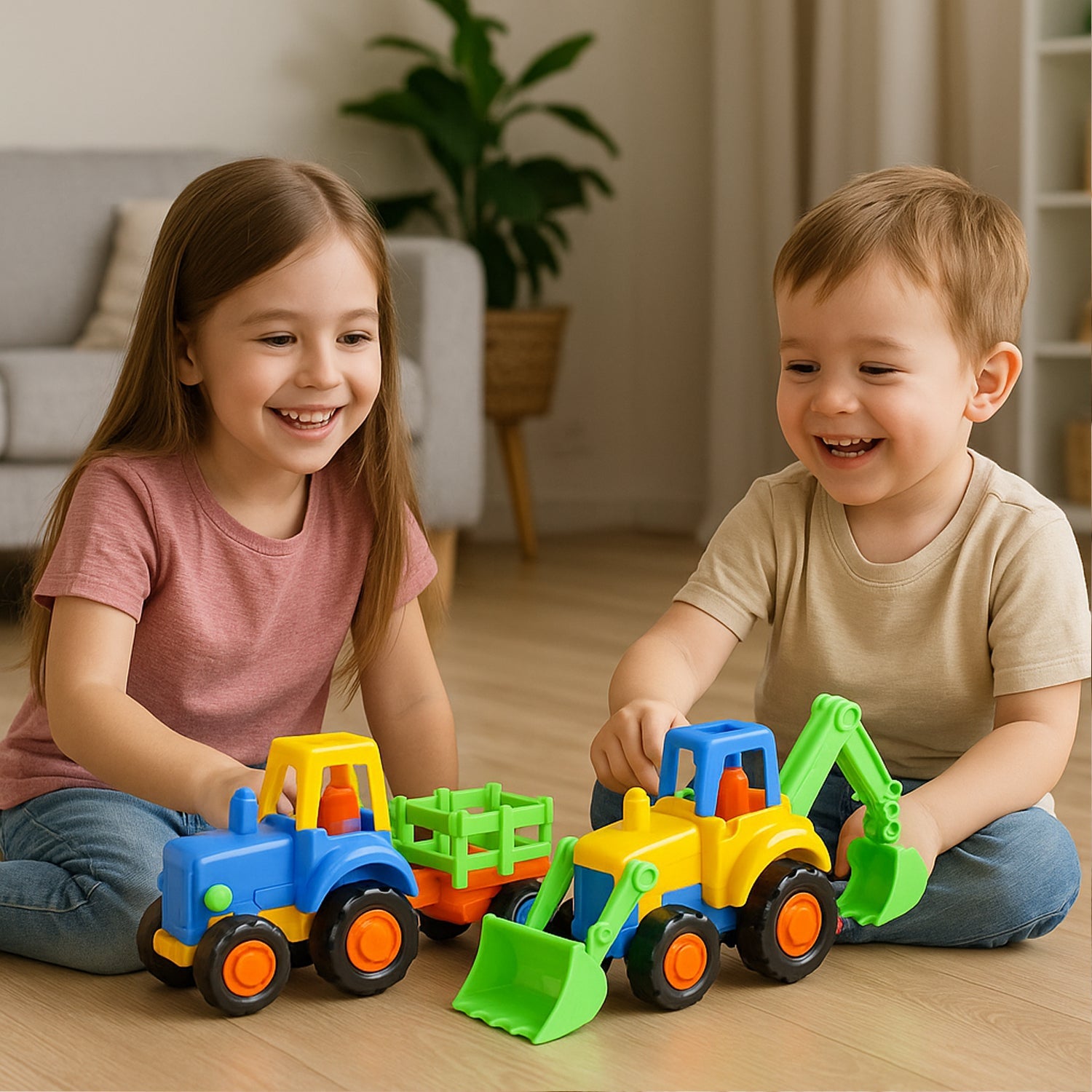 Side view of Funwoods push and play construction vehicle toys for young kids