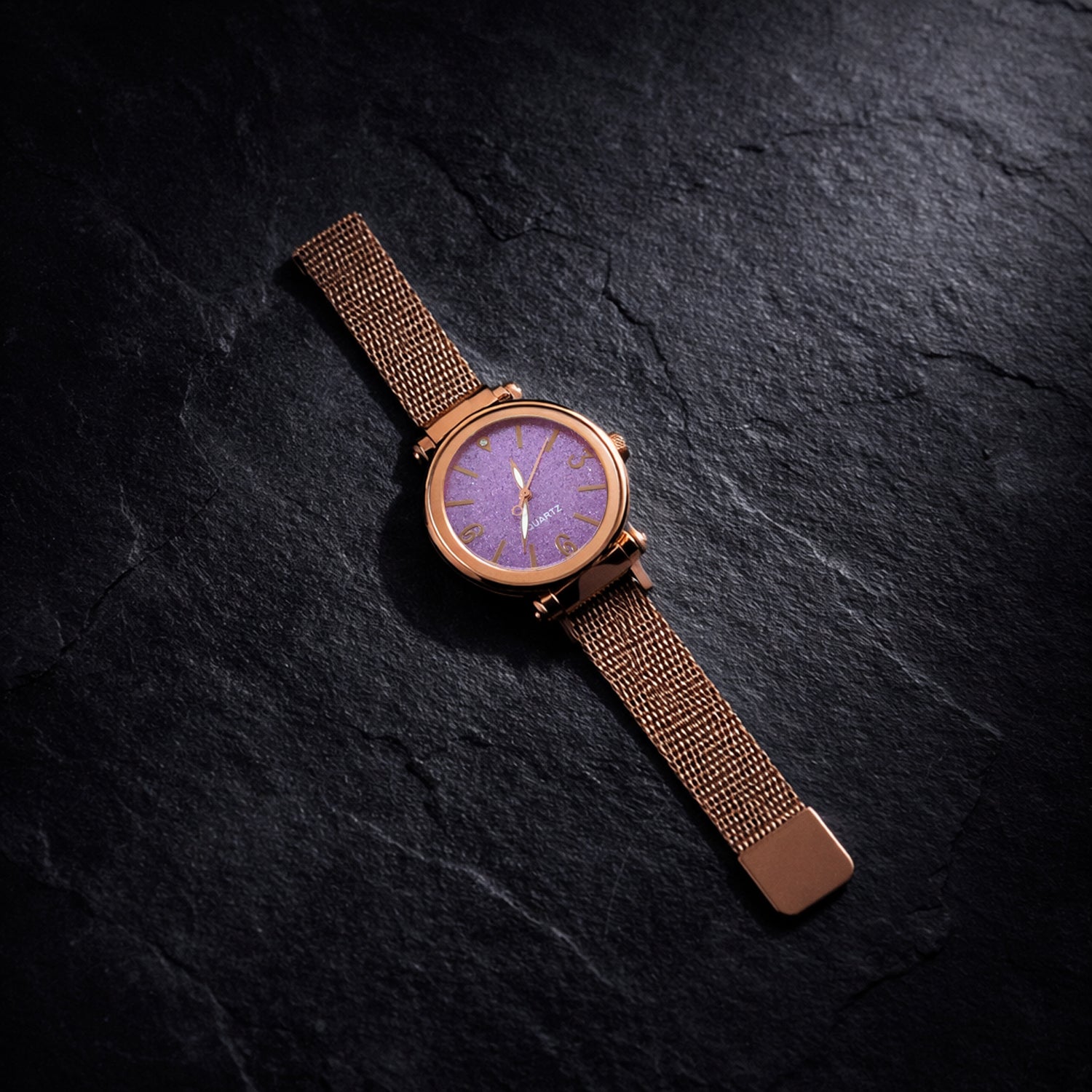 Close-up of analog dial on ladies wrist watch for easy time reading