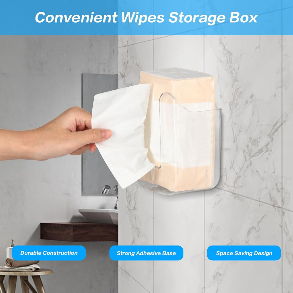 Transparent wall-mounted tissue box dispenser showcasing tissues inside