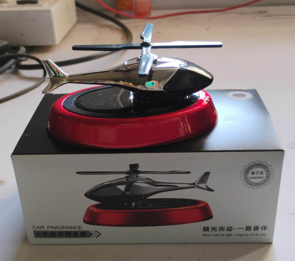 Solar helicopter air freshener with essential oil refill bottle