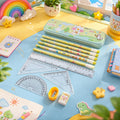 Colorful cartoon geometry box stationery set with rulers, pencils, and protractor