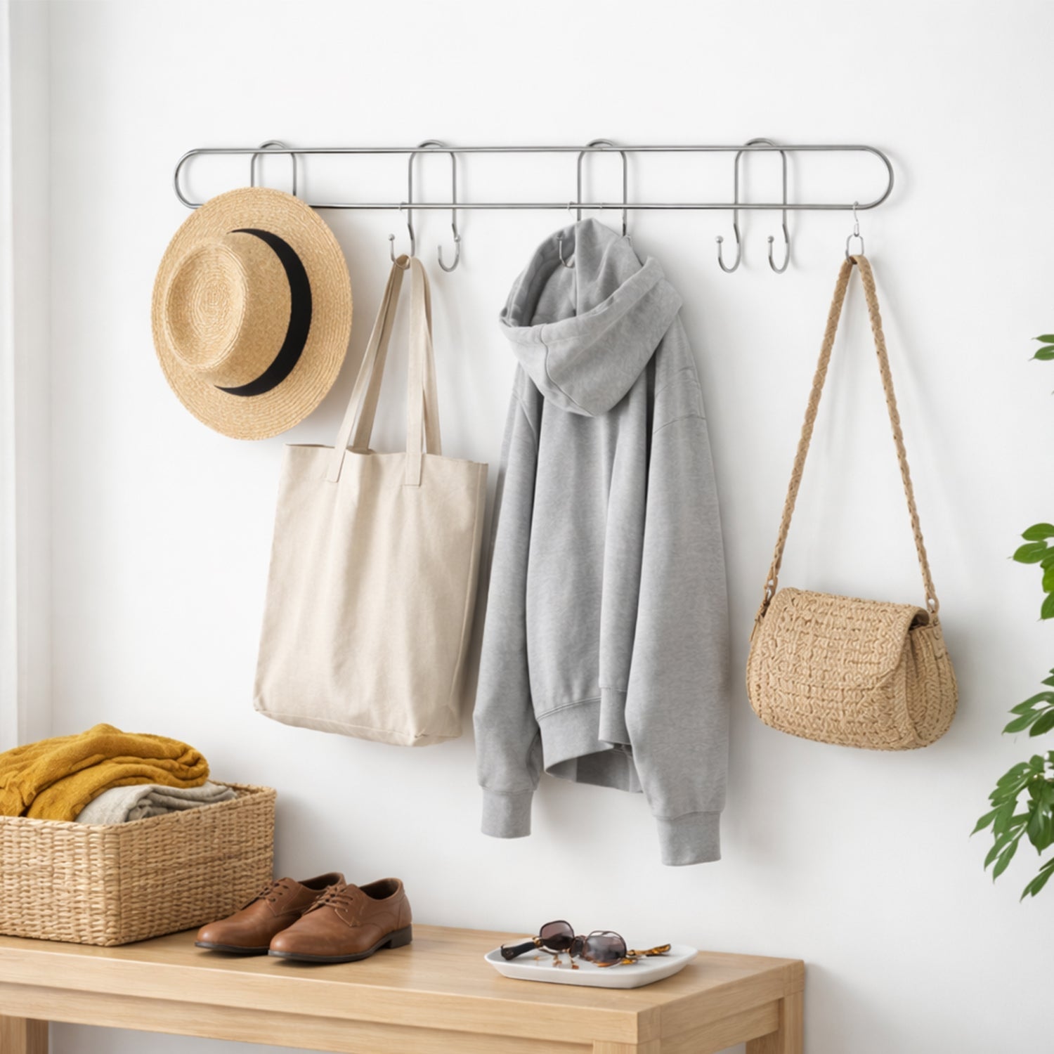 Durable hook rack for wall storage and space saving