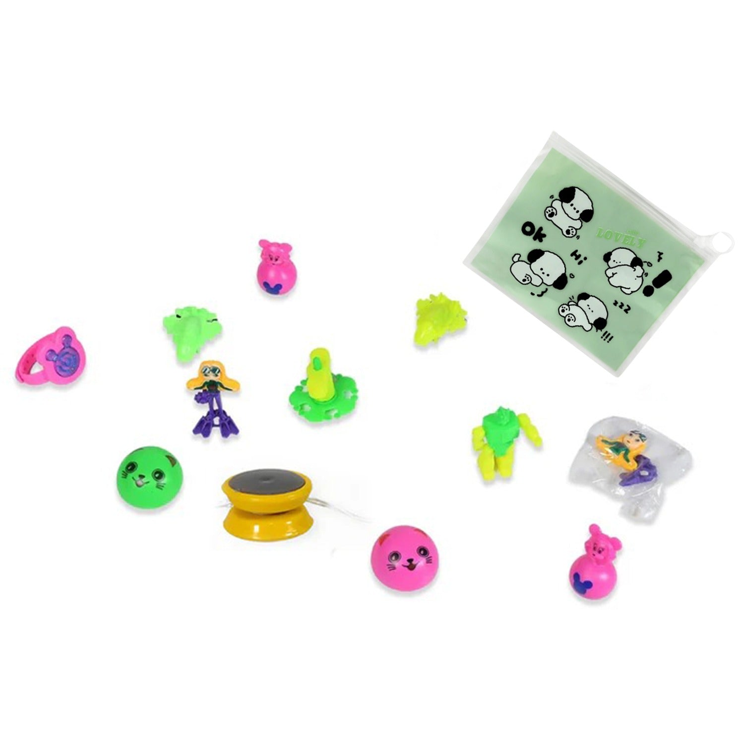 Assorted small plastic toys like cars, animals, and blocks for children's play.