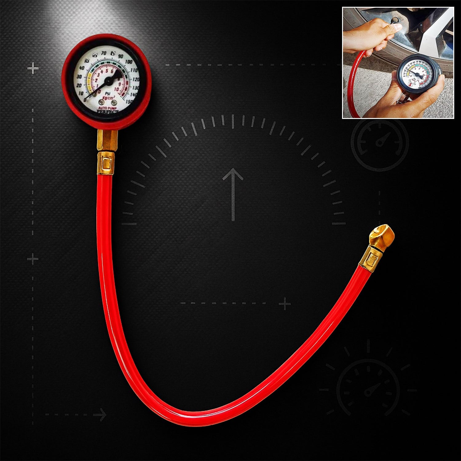 Round analog tire inflator gauge for car tyres.